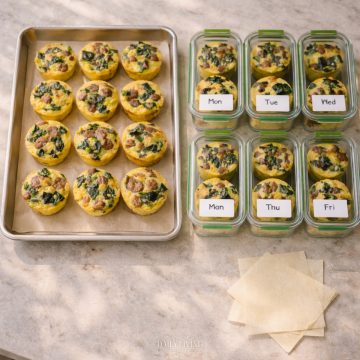 Glass containers labeled Mon–Fri filled with keto egg muffins beside a parchment-lined tray—keto breakfast meal prep for busy mornings.