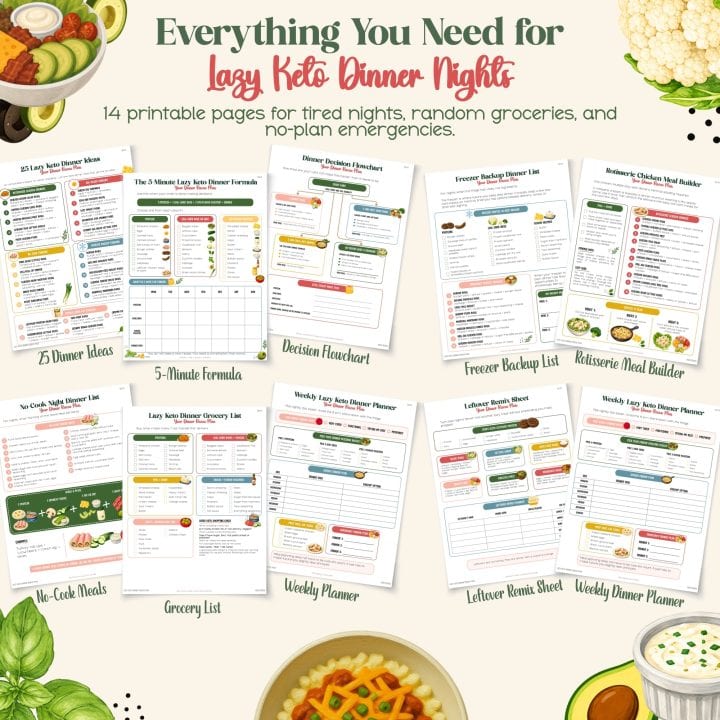 Preview of the Lazy Keto Dinner Rescue Pack including dinner ideas, formula sheet, flowchart, freezer backup list, grocery list, planner, and leftover remix pages.
