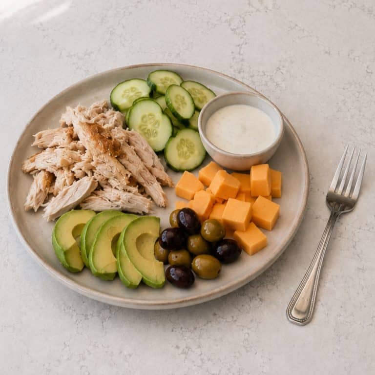 No-cook keto dinner plate with chilled rotisserie chicken, avocado, cucumber, cheddar, olives and creamy dressing.